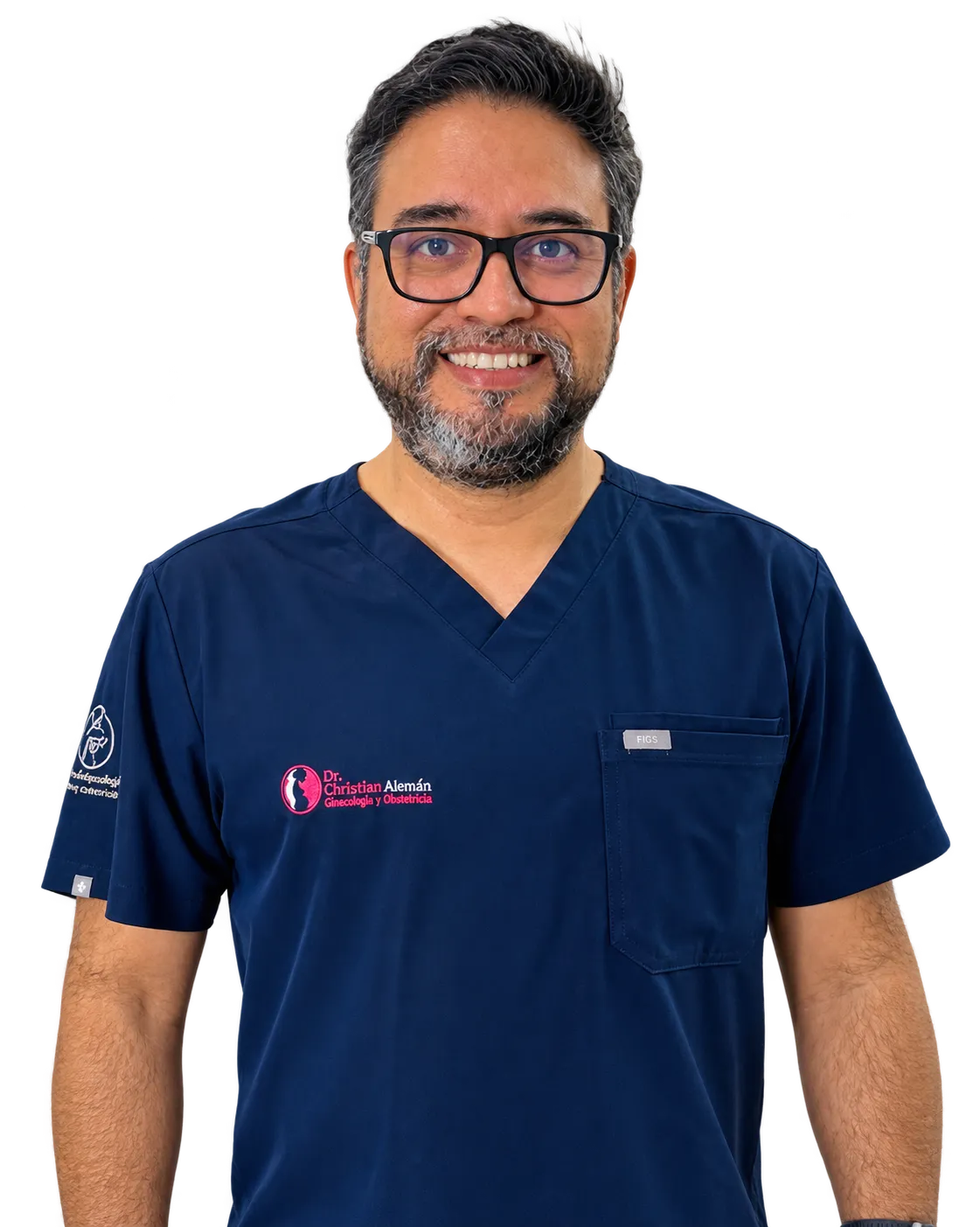 Dr. Christian Alemán, ginecólogo y obstetra, sonriendo con filipina azul marino